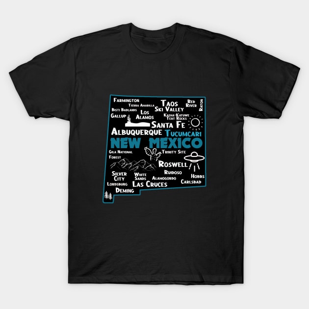 Cute map of Tucumcari New Mexico Albuquerque Map Santa Fe Los Alamos, Taos,Roswell Las Cruces Deming Carlsbad Silver City T-Shirt by BoogieCreates